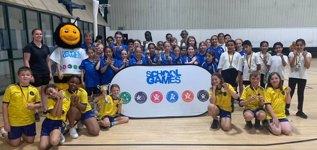 Big group of children at the Netball School Games.